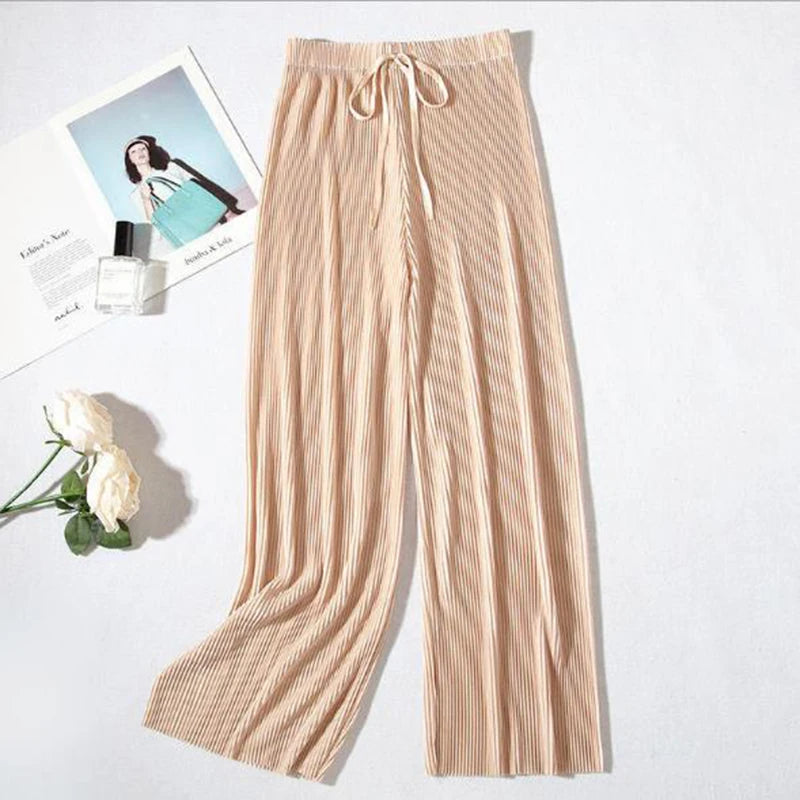 Women Fashion Summer Wide Leg Pants Pleated Ice Silk Trousers Elastic Waist Loose Casual Classic Base Girls Gifts Wear Pants