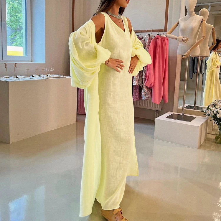 Plain Cotton Linen Women's Two-Piece Set V Neck Tank Dress And Belted Puff Sleeve Abaya Musulmane Ensembles Robe Pour Femmes
