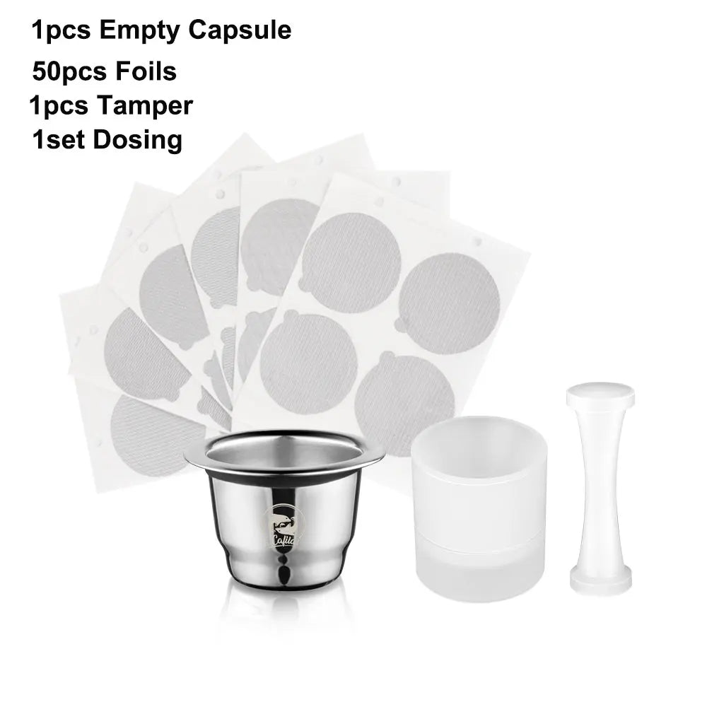 Icafilar Reusable Coffee Capsule Pod for Nespresso Stainless Steel Espresso Crema Coffee Filter Aluminum Foils Lid Tamper Dosing