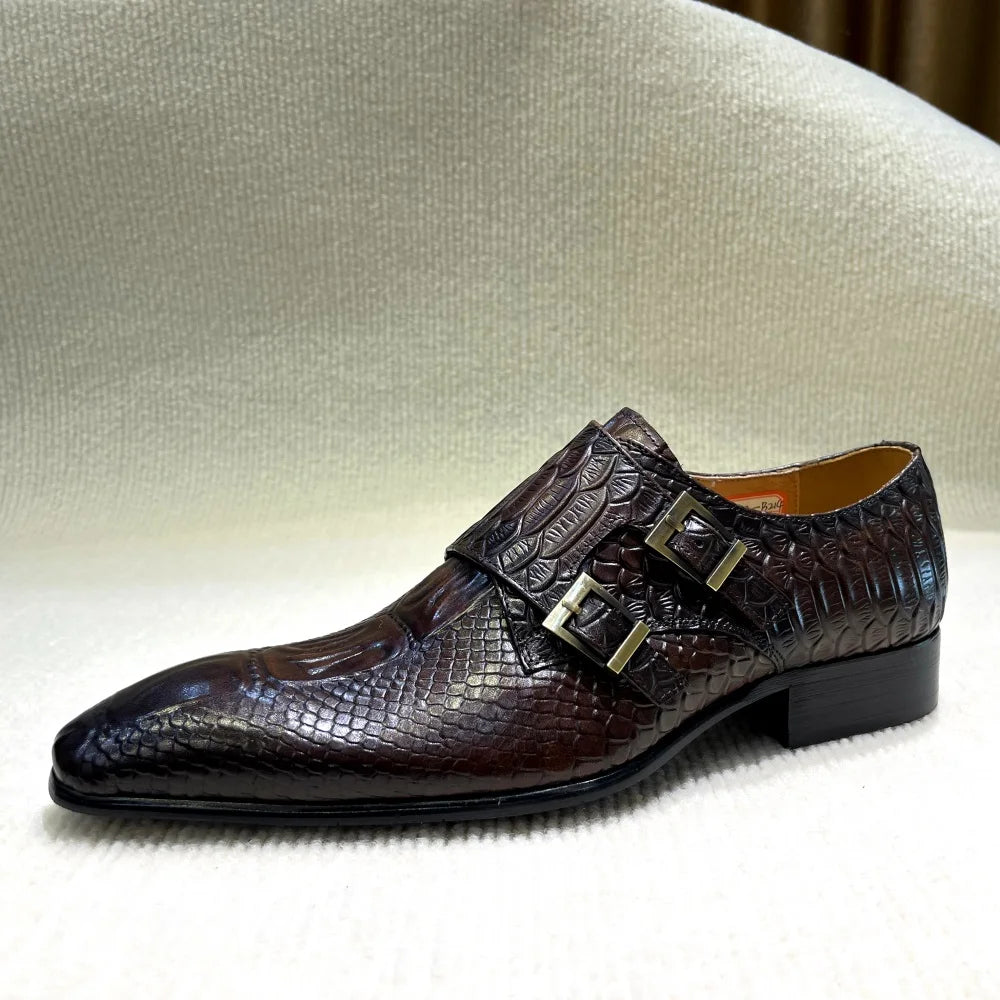 2025 New Style New Design Men's Genuine Leather Monk Shoes Double Buckle Printing Suitable for Business Office Formal Shoes