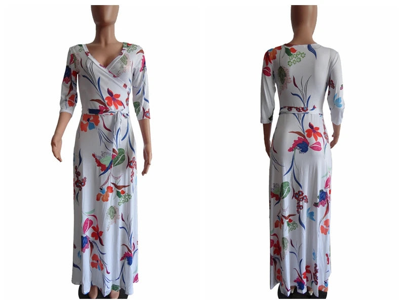 Autumn Fashion Plaid Printed Long Swing Dress Vintage Style Sexy Deep V Quarter Sleeve Boho Maxi Dress ESMR8834