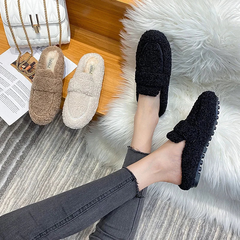 Winter Warm Plush Mules Women One Band Fur Slippers Cozy Cotton Shoes Woman Flats Cover Toe Fleeces Slides Femme Wool Pantuflas