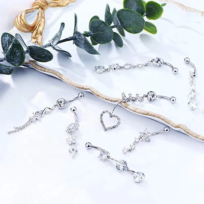 7Pcs/Set 14G Dangle Belly Button Rings for Women Girls 316L Surgical Steel Silver Plated Wedding Navel Ring Body Piercing
