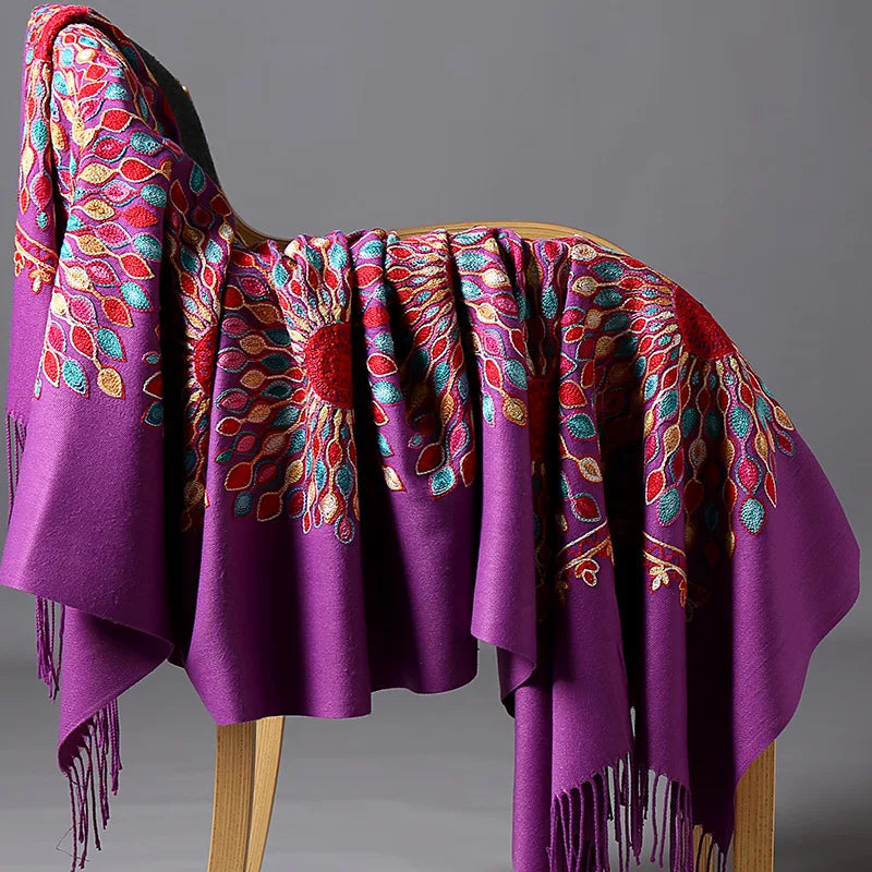 Wholesale JiYun 2025 Ladies Winter Scarf Shawl Floral Tassel Embroidery Soft Heavy Cashmere Feel-Hot Sale Winter Accessory