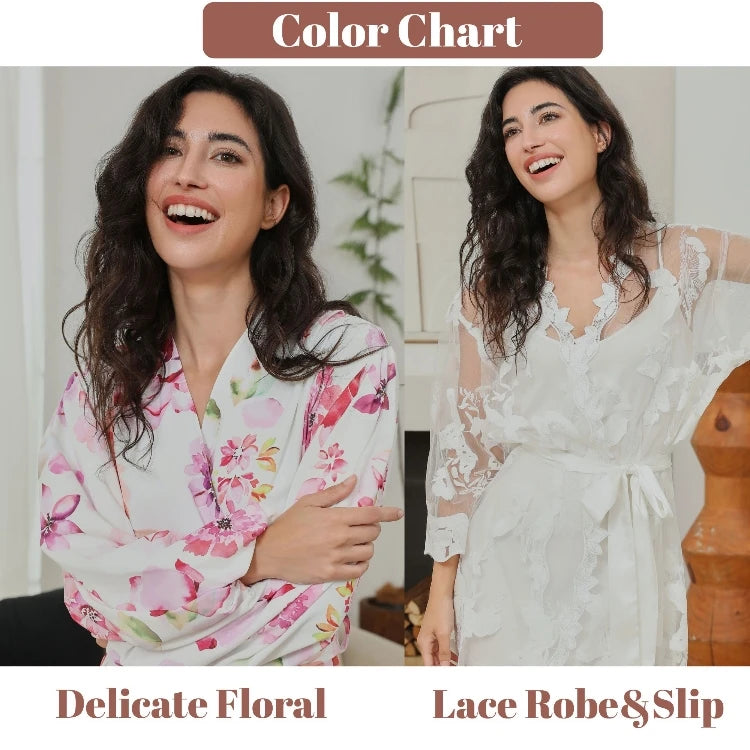 FUNG 8008 Watercolor Floral Bridesmaid Satin Robe, Puff Sleeve Bachelorette Party Kimono
