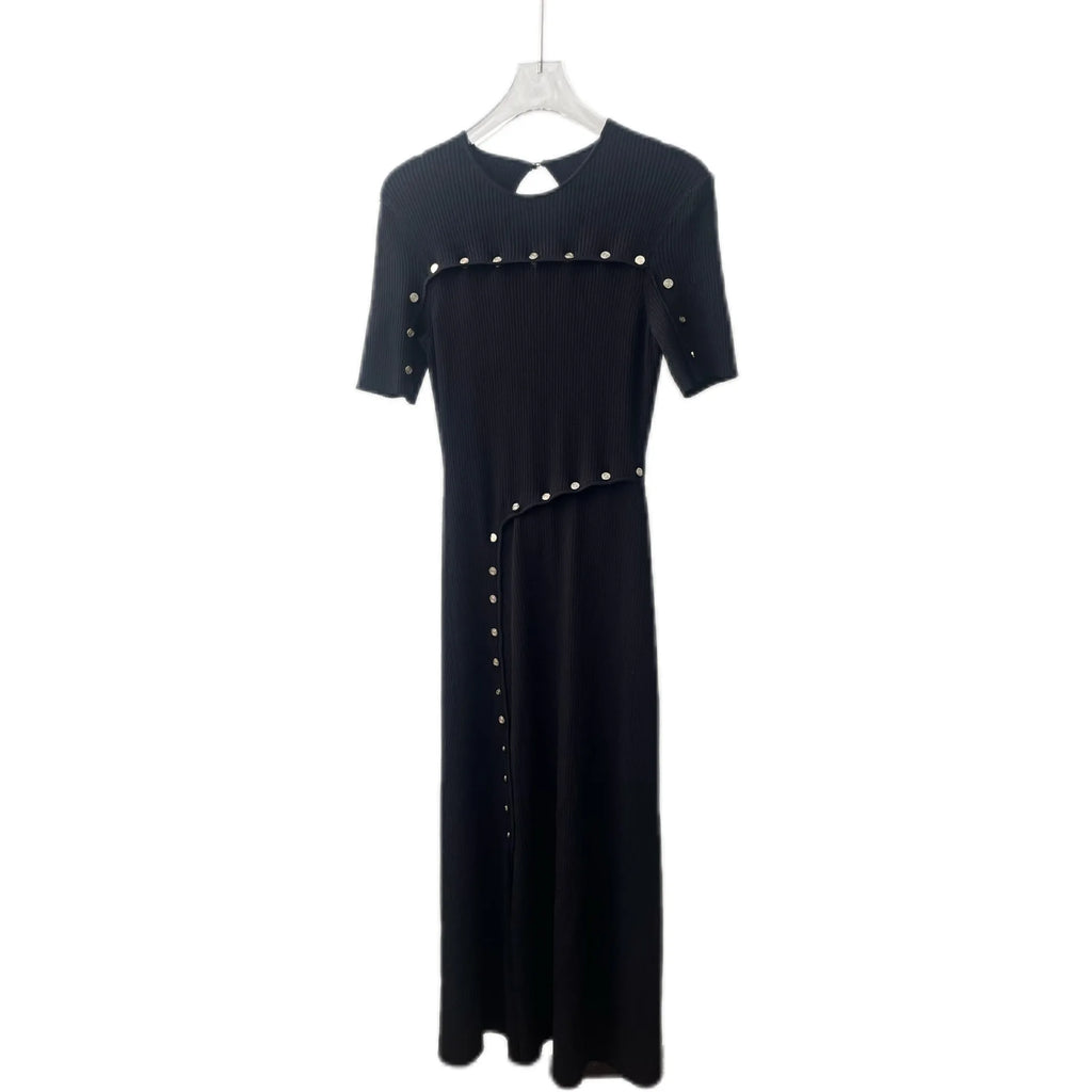 2024 Autumn High-quality New French Style Fashion Staple Button Slim Knit Black Short-sleeved Casual Dress