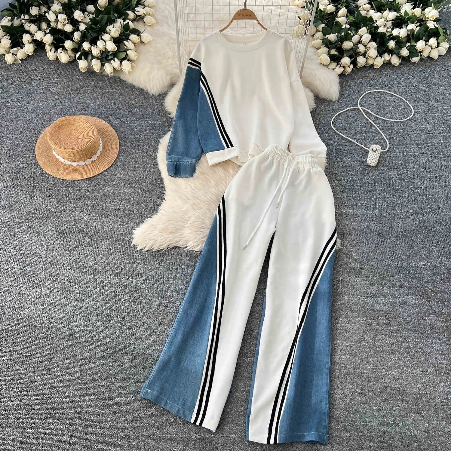 Autumn Winter New Women Sports Style Elegant Contrasting Set Pullover Top Drawstring Pants