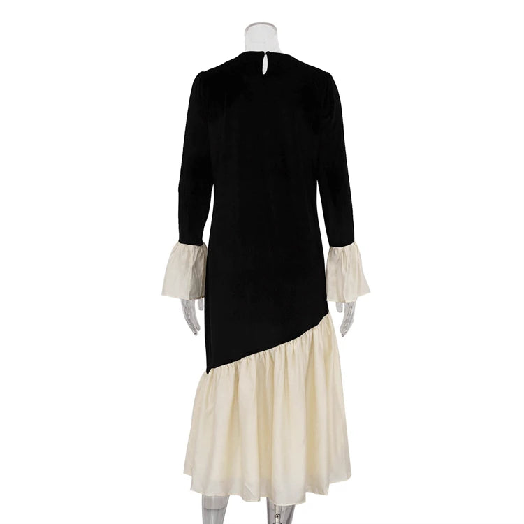 Color Contrast Patchwork Back Neck Buttoned Flared Sleeve Black Long Elegant Autumn Dresses Women