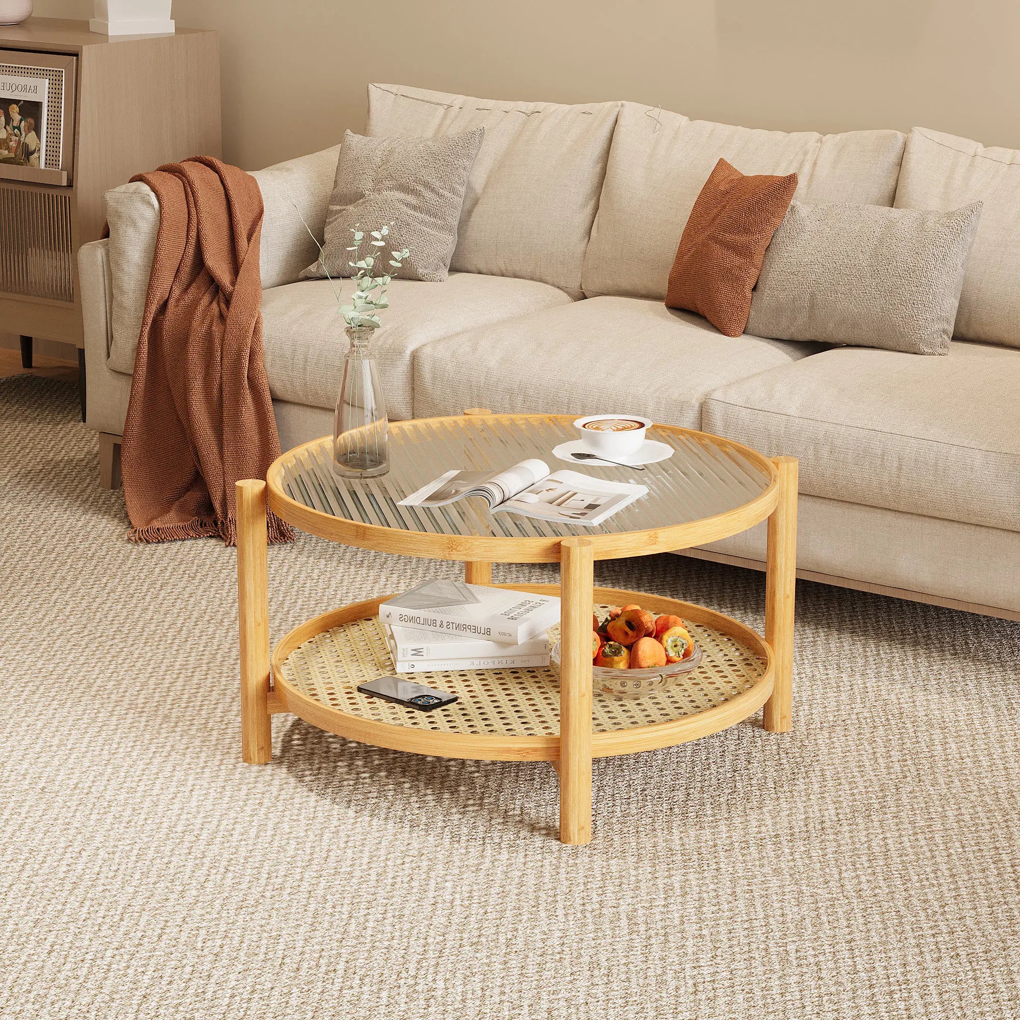 Modern Round 2-Tier Bamboo Coffee Table with Glass Top PVC Rattan Storage Shelf Wabi-Sabi Design Style for Home Coffee Area