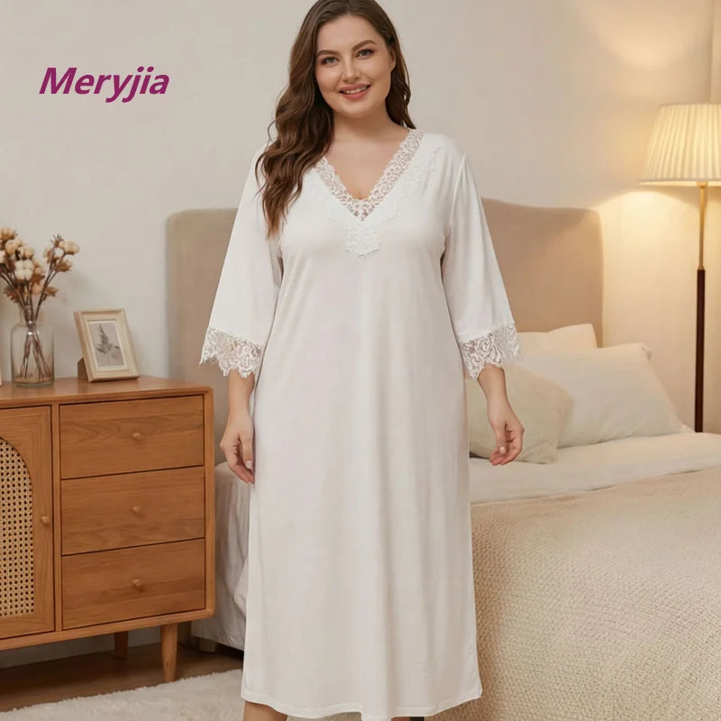 Cross-border European and American plus-size solid color lace mid-sleeve nightgown, loose-fitting home long dress, sexy and simp