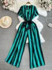 Wholesale 2026 Spring Temperament Short Sleeved V-neck Striped Casual High Waist Slim Straight Women's Jumpsuit