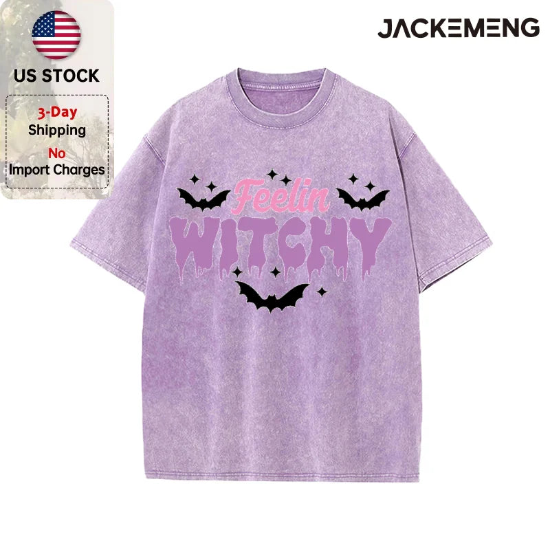 Oversized Washed Retro Halloween Streetwear Print T Shirt USA Stock Wholesale Y2K Casual Tee