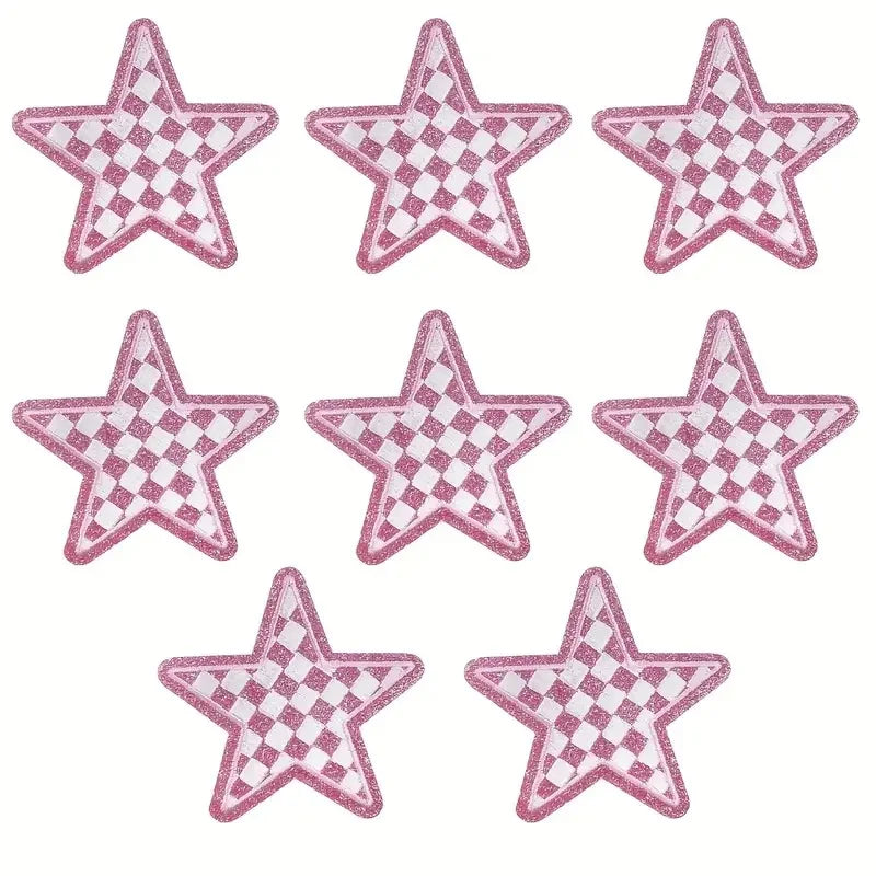 8 Pcs Glitter Star Iron on Patch Set Checkered Sequin Applique Embroidery DIY Badge for Clothes Backpack Hat Jacket Decor