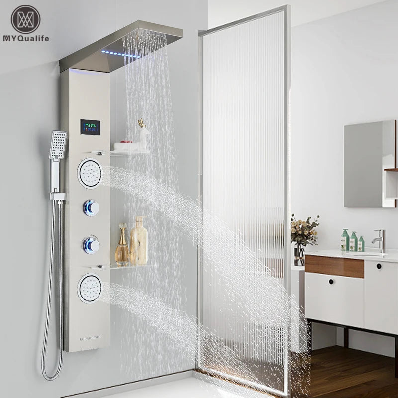 LED Shower Panel Waterfall Rain Digital Display Shower Faucet Set SPA Massage Jet Bathroom Column Mixer Tap Tower System