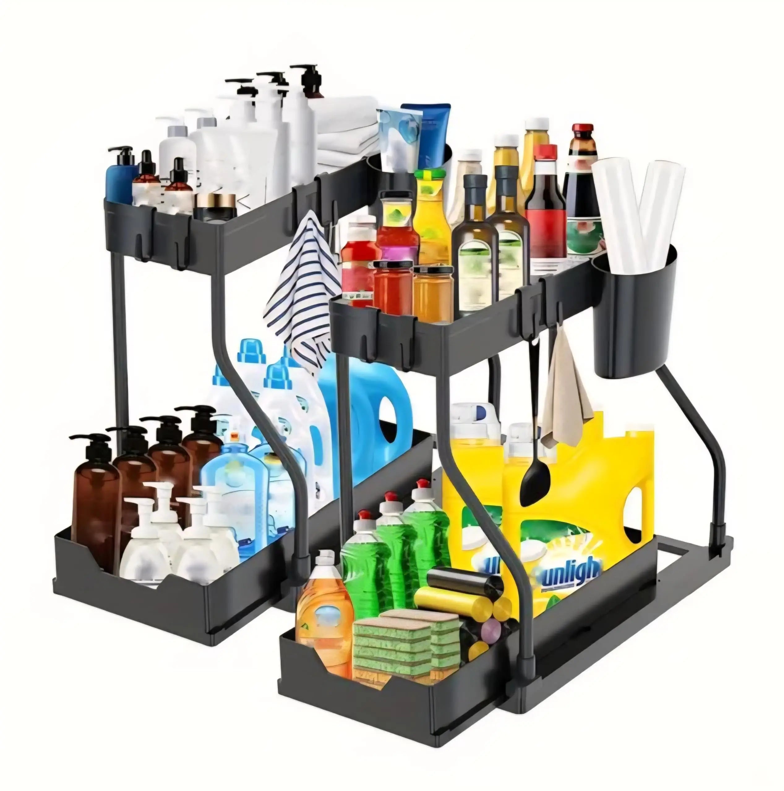 Hot Multi-functional 2 Tier Under Sink Kitchen Storage Organizer Countertop Rack Storage Containers Hooks Hanging Cup