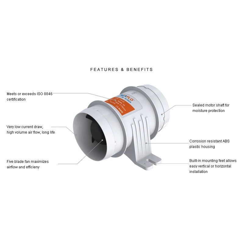 12V/24V 40A  ABS Quiet Air Blower Water Resistant High Air Flow In-Line Blower Marine Bilge Boat Blower Motor Plastic