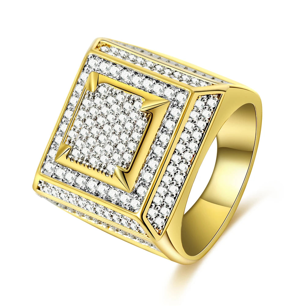 Popular Square Shape Ring Bling Iced Out Zircon Ring Hip Hop Men's Unisex Brass Gold Plated CZ Engagement Wedding Eternity Rings