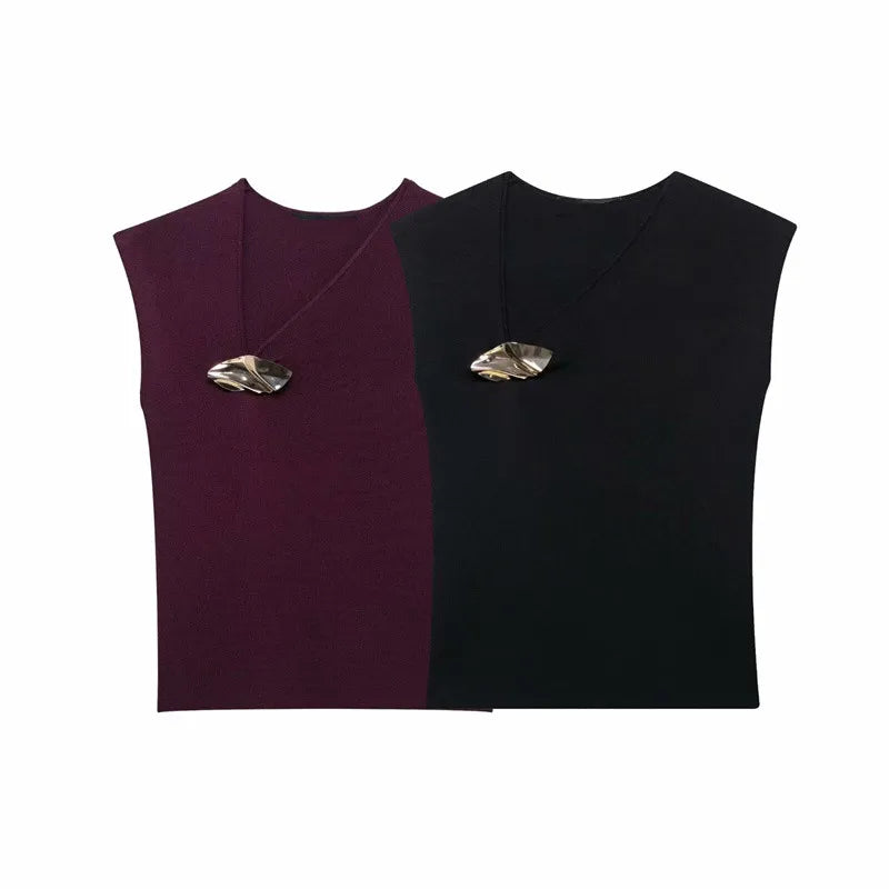 KAR&OT ZA 2025 Women's Retro Casual Simple Slim Fit Gold Inlaid Sleeveless Knitted Vest Top 2142002 Spring New Vintage Style