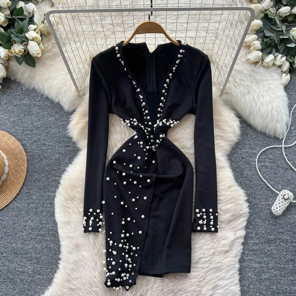 Summer Elegant V-Neck Asymmetric Tunic Hip Midi Dress for Women Empire Beaded Vestidos
