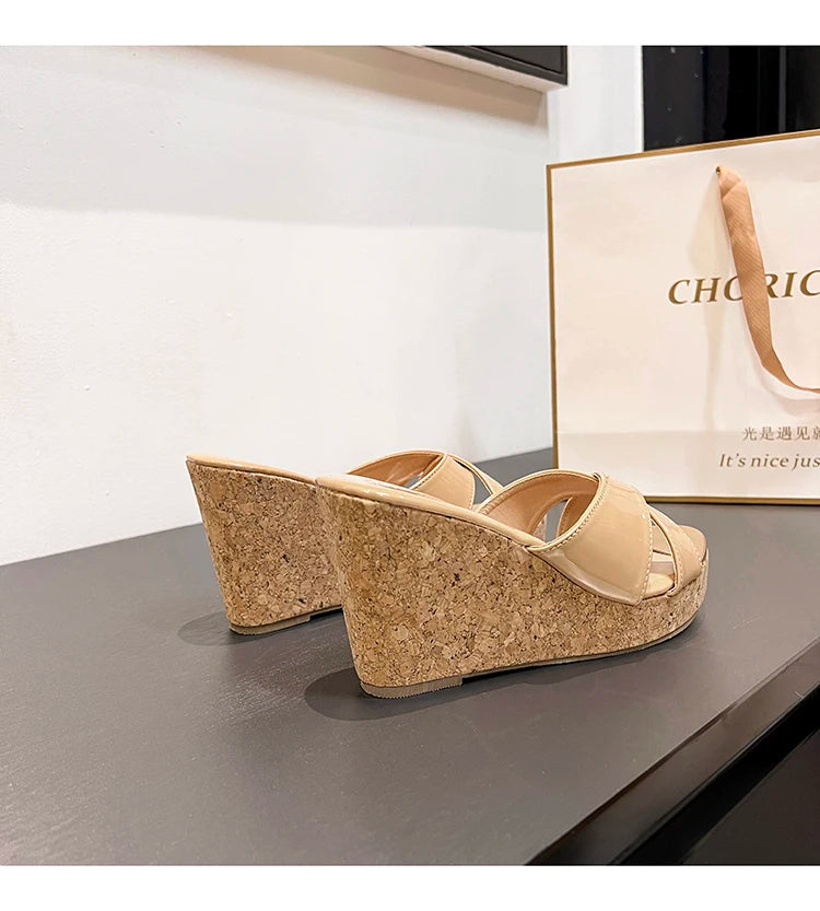 Popular Summer New Style Small Chili Cross Iron Head Fish Mouth Slope Heel High Heel Slippers 9cm 11cm 13cm