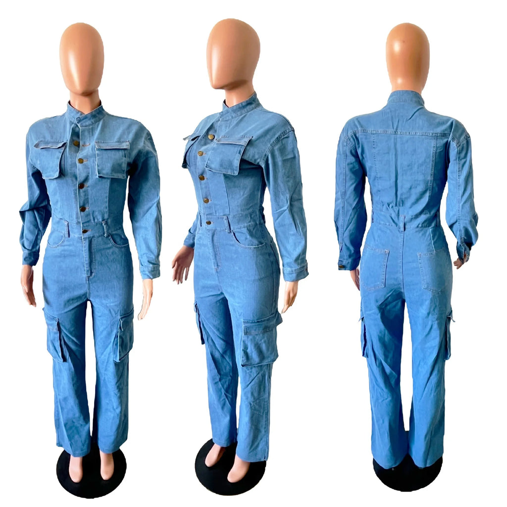 New Arrival Women Clothing  Turn Down Collar Vintage New Female Denim Jumpsuit Woman Jean Overalls Long Sleeve Elegant Jumpsuits