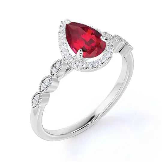 925 Sterling Silver Rose Gold Plated Pear Cut Lab Created Ruby Solitaire Classic Dainty Engagement Wedding Ring for Women