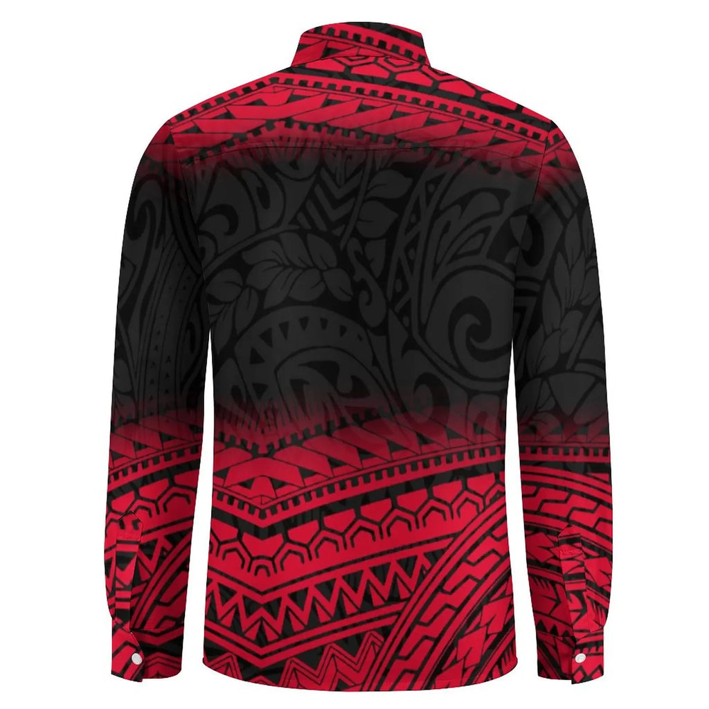 Personality Red Black Gradient Polynesian Printed Shirts Long Sleeve Big Size Men Shirt Hawaii Island Casual Shirts