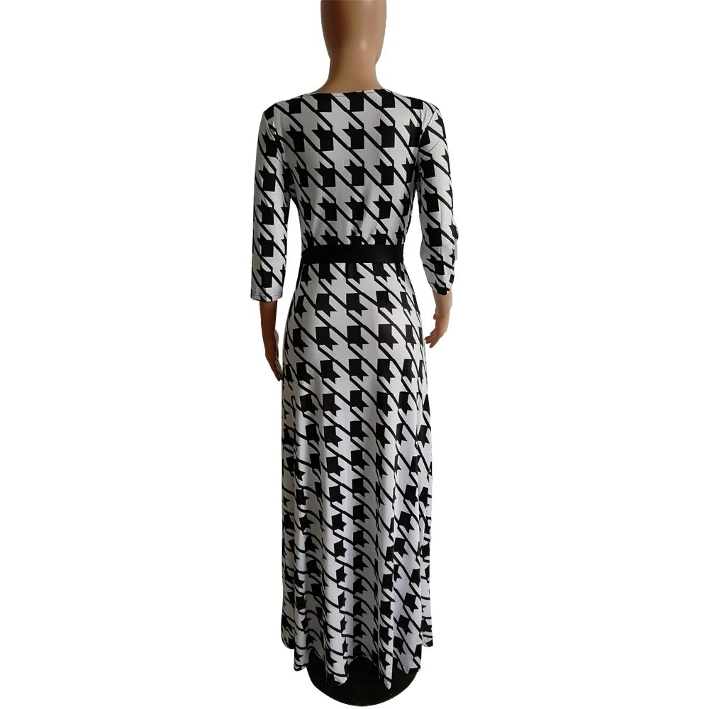 Autumn Fashion Plaid Printed Long Swing Dress Vintage Style Sexy Deep V Quarter Sleeve Boho Maxi Dress ESMR8834