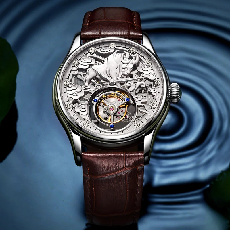 China Tourbillon Watch Factory Rose Luxury 3D Zodiac Relief Pattern  Stainless Steel Waterproof Zodiac Men's Mechanical Watches