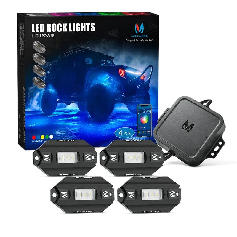 MICTUNING RGBW LED Rock Lights with Bluetooth Controller, Timing Function, Music Mode - C1 4Pods Multicolor Neon LED Light Kit