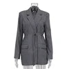 Clothing Manufacturer Dark Blue Casual Office Belted Wrap Long Blazer Woman Dress Blazers Pour Femmes