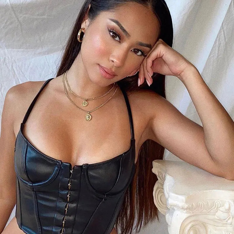 Deep Love Pu Leather Camisole Y2k Tank Top Fashionable Woman Summer Breasted Spaghetti Strap Tops Women Clothes