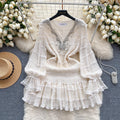 Spring New Diamond Studded Beads V-Neck Slim Short Ruffled French Bubble Sleeve Dresses