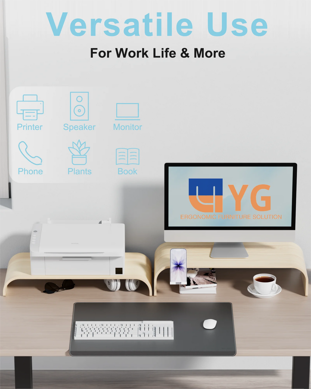 Solid Wood Dual Monitor Stand Riser 2 Tier, 24.1 Inch Desktop Organizer with Phone Holder, Multifunctional Desk Shelf