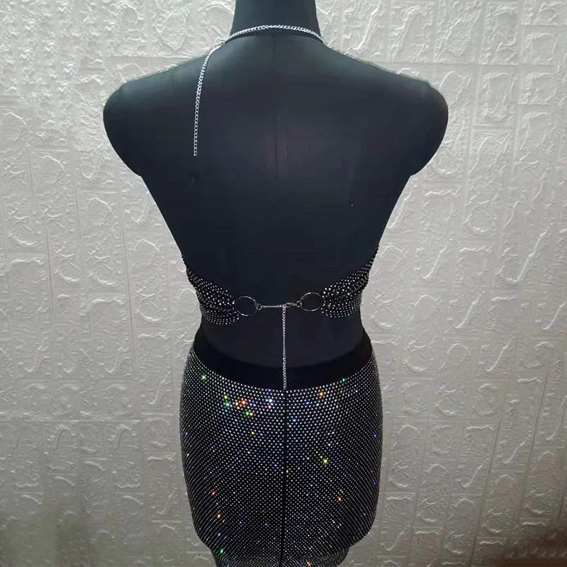 Sexy Rhinestones Fishnet Party Crystal Deep V Crop Top Rhinestone Chainmail Halter Draped Bra Ladies Club Crop Top