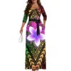 New Wholesale Customized Polynesian Tribal Printed Lace-Up Long Maxi Dress Side Pocket Plus Size Women Casual Dresses With Belt