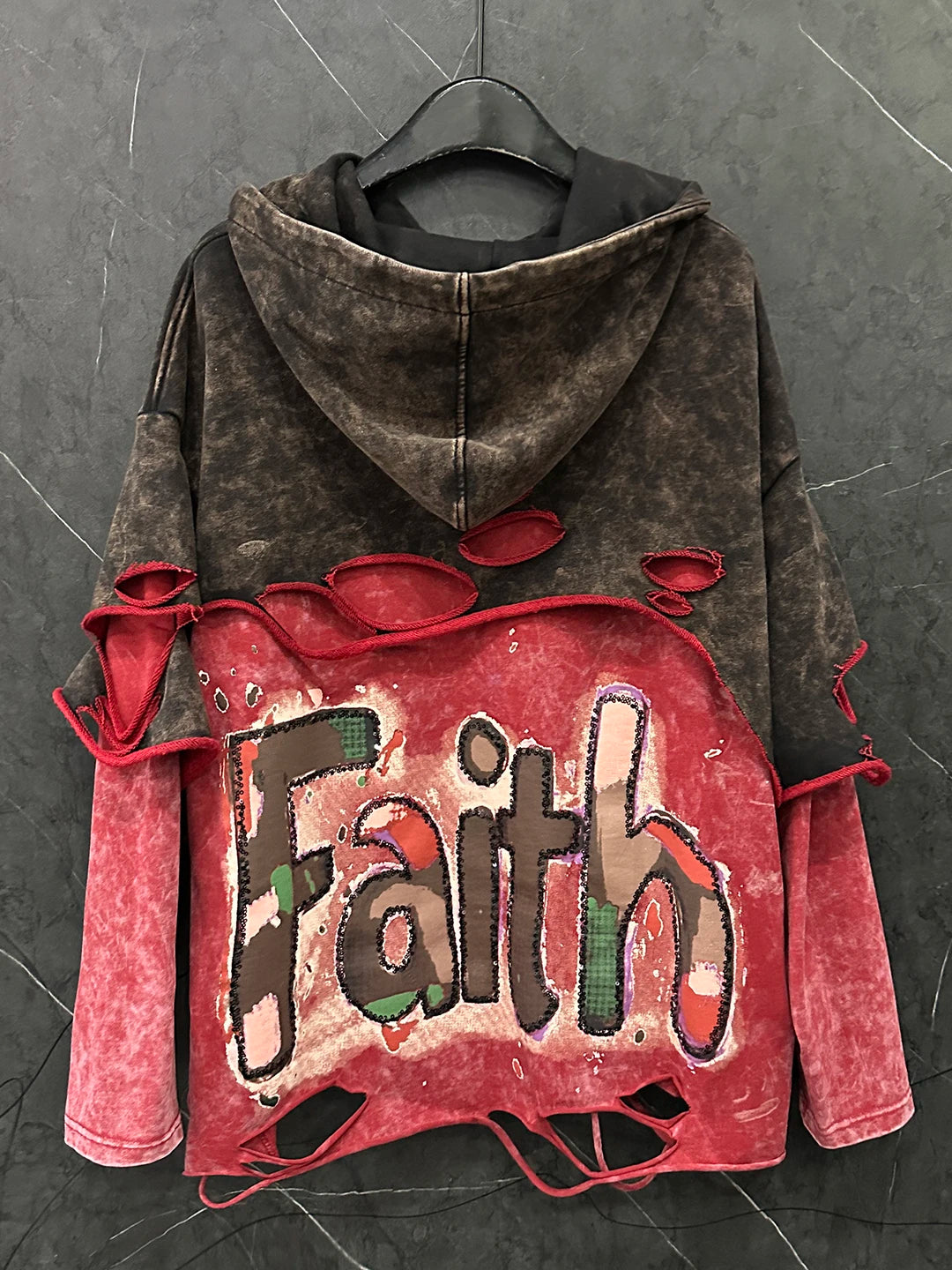 Women's Trendy Ripped Faux Two-Piece Cartoon Hooded Color-Block Sweatshirt Loose Casual Top