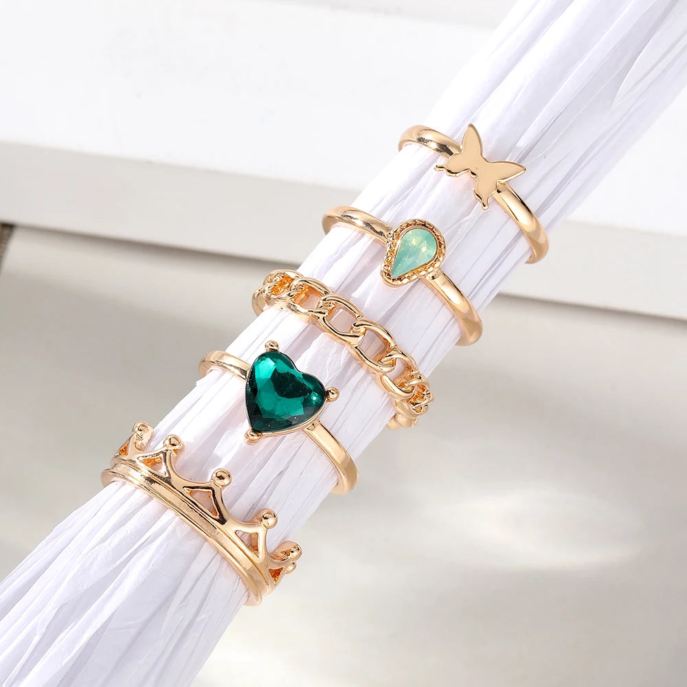 Wholesale New Fashion Green Stone butterfly Snake Gold Ring Set for Women Jewelry Heart Diamond Finger Knuckle Rings Set