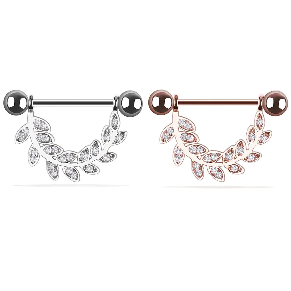 Trendy Nipple Rings 14 G Body Jewelry Piercing Shiny Tongue Nose Ring Barbell Leaf Shape Rings Stainless Steel for Women Girls