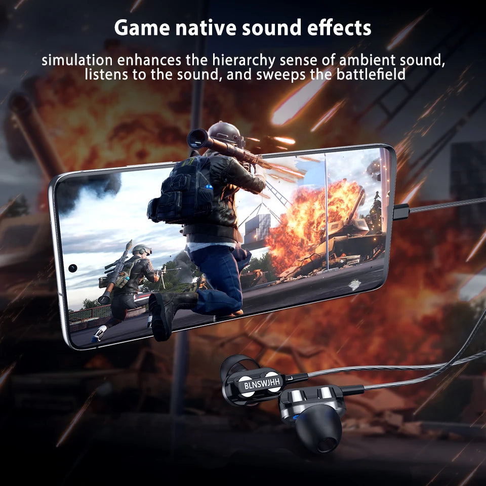 Dual Drivers Wired Earphone Four Core Dynamic HIFI Earphone Super Base Line Control With Mic Speaker Headsets for Huawei Xiaomi