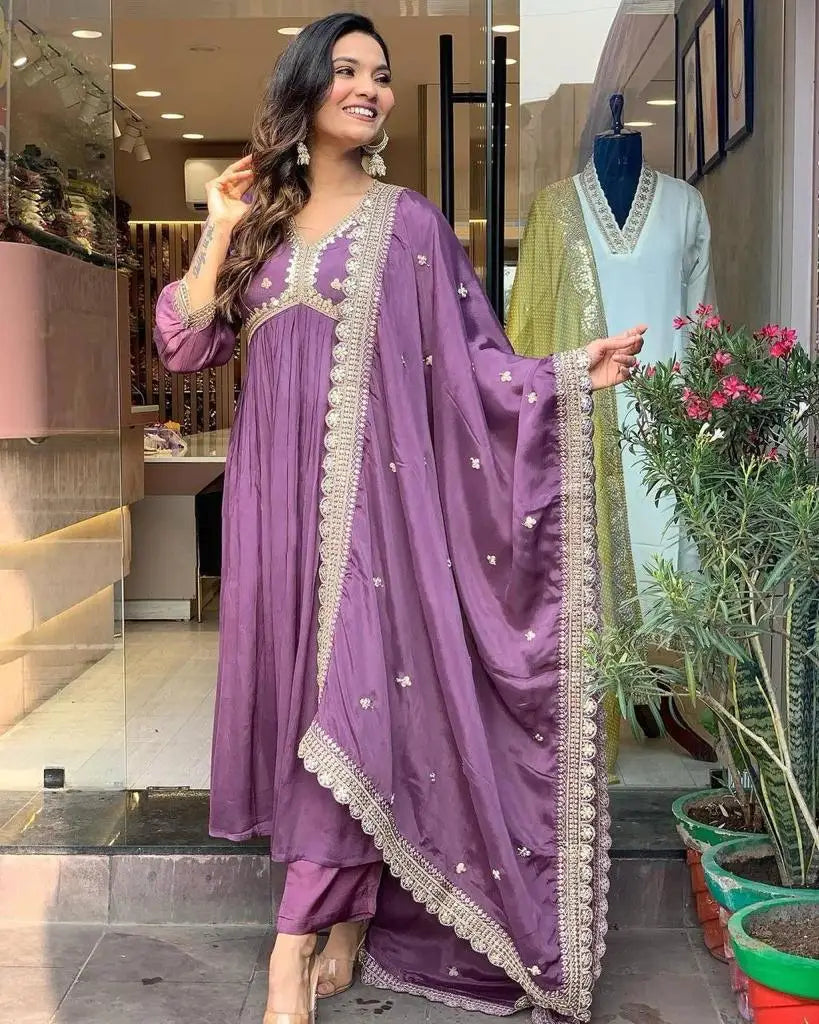 Faux Georgette Embroidered Gown Dupatta Set New Indian Designer Gown for Women and Girls Festive Partywear Readymade Stitched