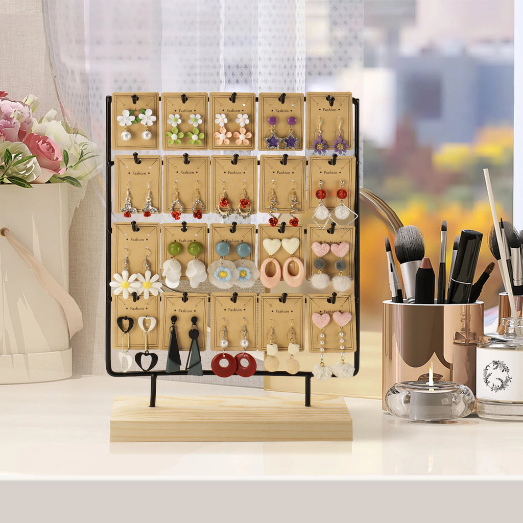 4 Tier 20 Hooks Earring Display Stands Jewelry Display Wooden Base Earring Holder Organizer for Necklaces Rings Bracelets Black