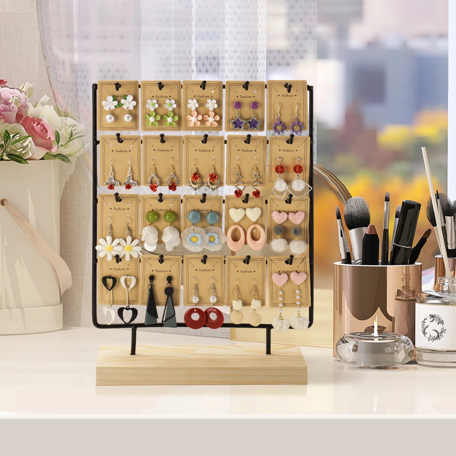 4 Tier 20 Hooks Earring Display Stands Jewelry Display Wooden Base Earring Holder Organizer for Necklaces Rings Bracelets Black