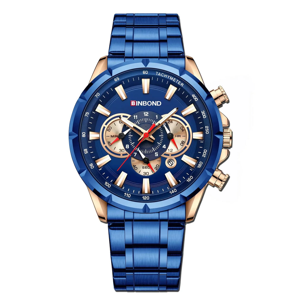 BINBOND B6395 6395 Stainless Steel Watches Men's Quartz Wristwatch Chronograph Sports Luminous Fashion Casual Pointers Men Watch