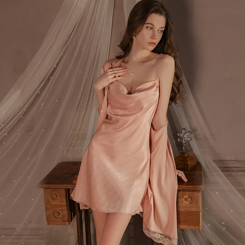 Swdplus-size Pajamas Swing Neck Sexy Backless Seductive Ice Silk Halter Nightdress Women's Home Wear