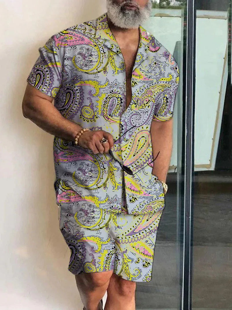 New Men Sets Print Patchwork Lapel Short Sleeve Casual Shirt Beach Shorts Summer Men Streetwear Vacation Hawaiian Suits