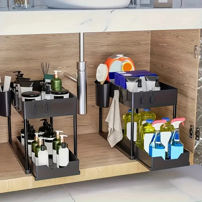 Premium Sustainable Plastic Double Folding Organizer Shelf Standing Rack Kitchen Bathroom Cabinet Home Storage Supplies