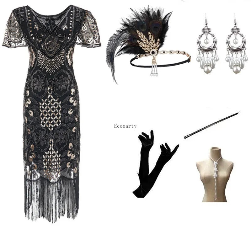 Halloween Cosplay Dress for Women 1920s Vintage Flapper Long Fringe Beaded Gatsby Party Dress With 20s Accessories Set