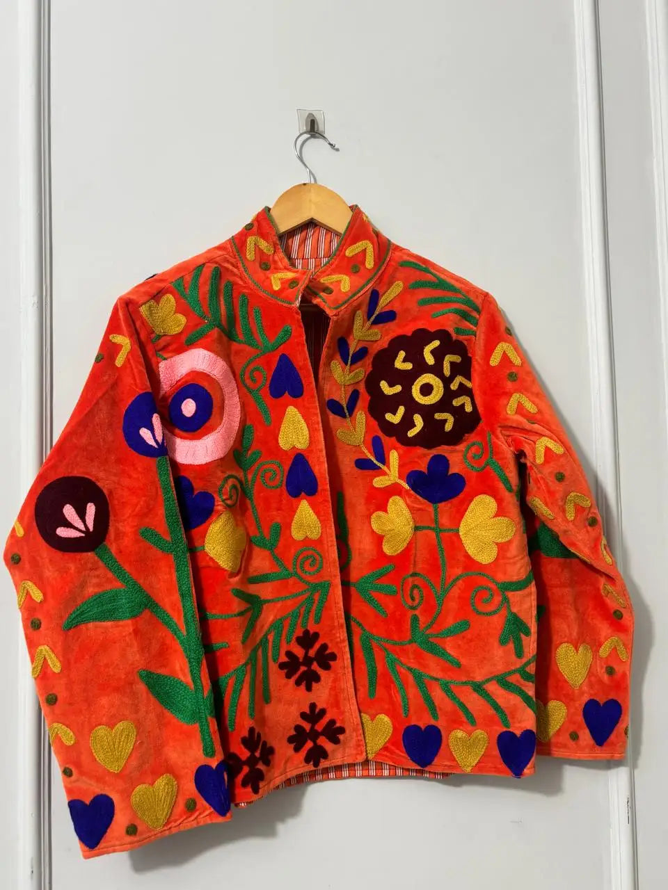 Handmade Sujani Embroidered Knitted Breathable Cotton Quilted Bomber Jacket Boho Folk Art Sustainable Winter Letter Wool