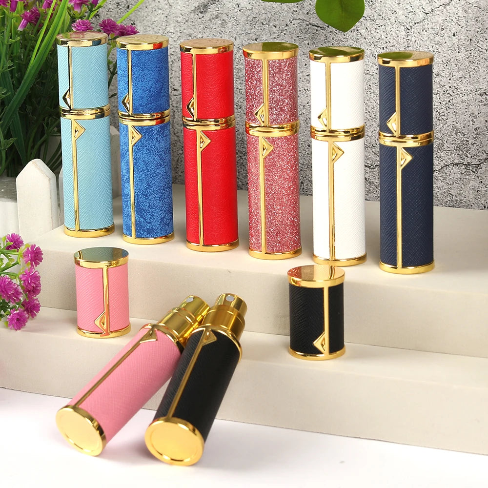 Hot Selling Luxury 5ml Mini Perfume Bottles High Quality Portable Leather Case with Refillable Pump Sprayer Metal Base